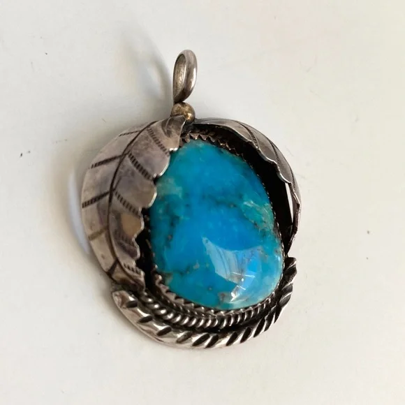 Vintage Turquoise Silver Pendant Necklace Handmade - Picture 2 of 9
